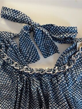 Michael Kors Navy and White Patterned Chain-Trim Top